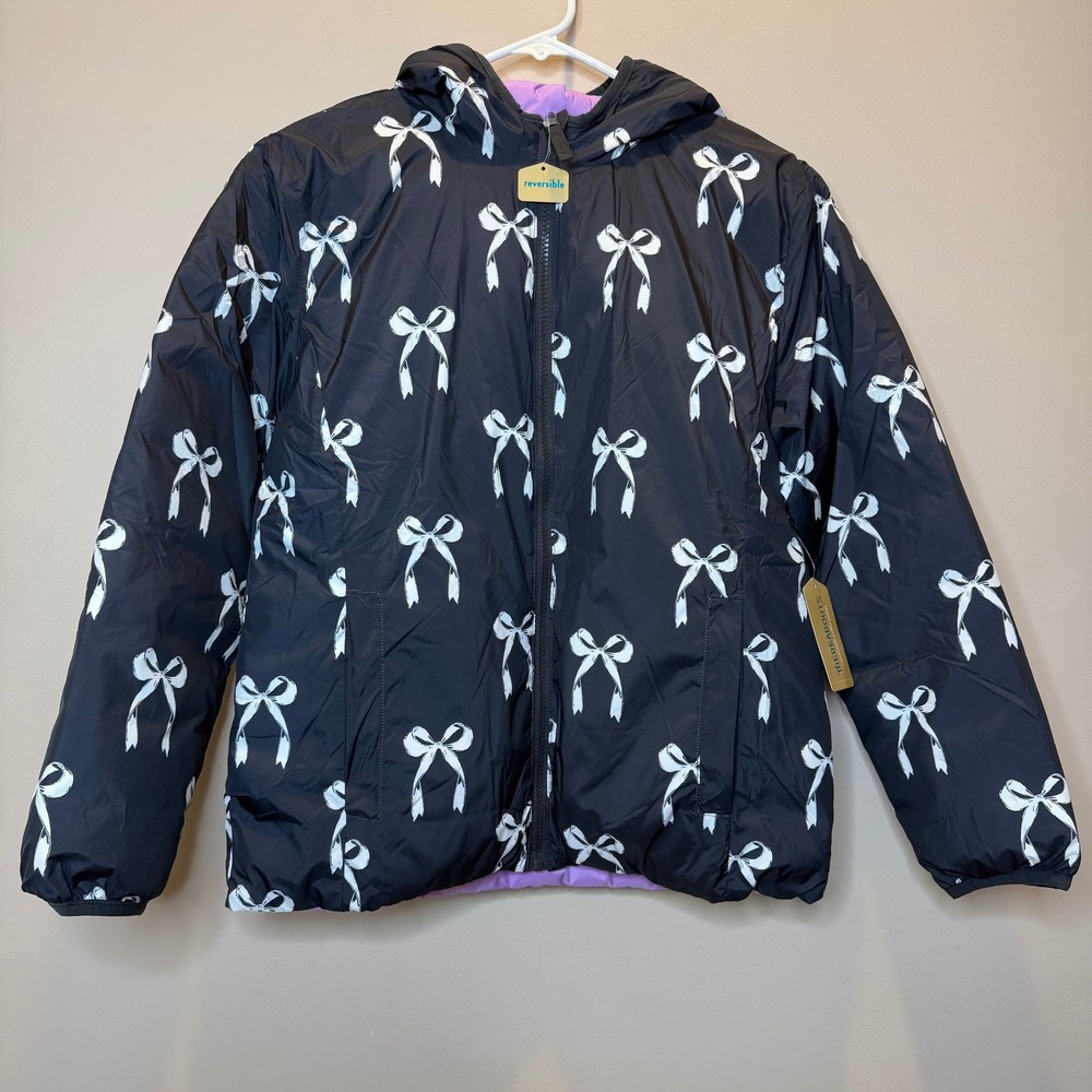 NWT Thereabouts Reversible Puffer Jacket Black Bows Purple Girls Size XL 16 Hood